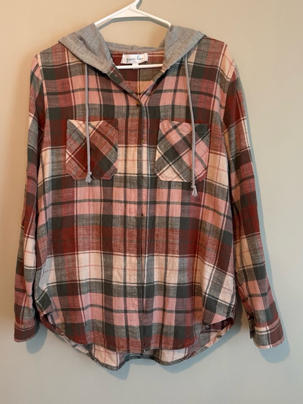 Grace & Lace Pink, Brown and Gray Plaid Hooded Button-Down
